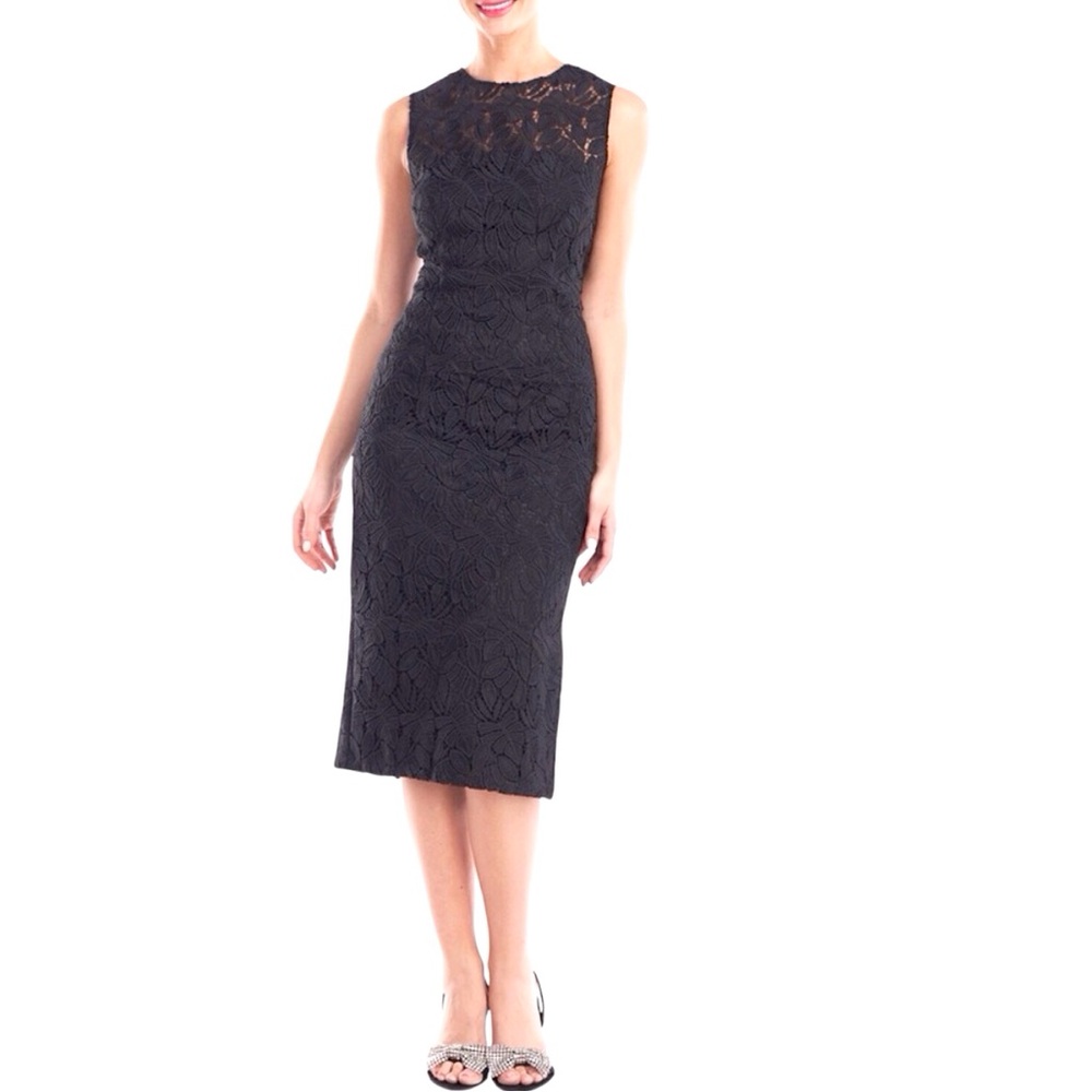JS Collections Black Lace Dress Theodora Midi Sheath Sleeveless Size 4